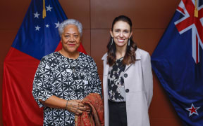 Prime Minister of Samoa Fiame Naomi Mata'afa and New Zealand Prime Minister Jacinda Ardern pose for a photo before a bilateral meeting at Parliament on 14 June2022 in Wellington, New Zealand.