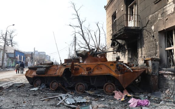 MARIUPOL, UKRAINE - APRIL 09: A view of a destroyed armored vehicle during ongoing conflicts in the city of Mariupol under the control of the Russian military and pro-Russian separatists, on April 09, 2022.