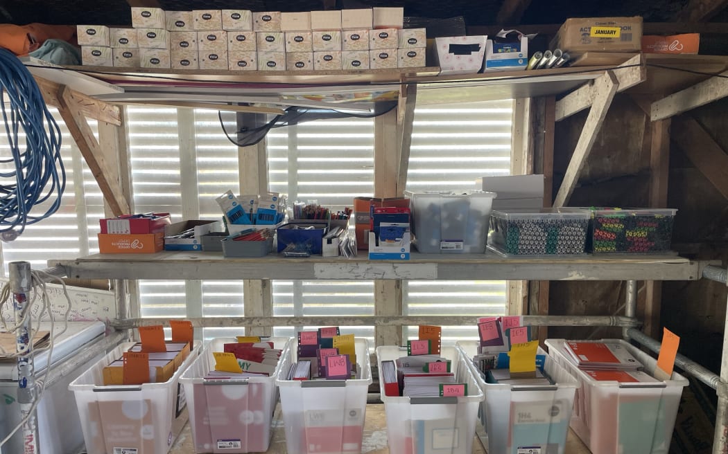 Nicky Smith's garage set up with a surplus of stationery