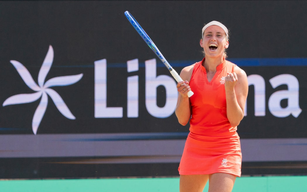 Elise Mertens of Belgium celebrates after winning against Yue Yuan of China during the 2025 Libema Open, ’s-Hertogenbosch ATP and WTA Grass Court tennis tournament on 13 June 2025 at Autotron in Rosmalen, Netherlands - Photo Marleen Fouchier / Orange Pictures / DPPI (Photo by Marleen Fouchier / Orange Pictures / DPPI via AFP)