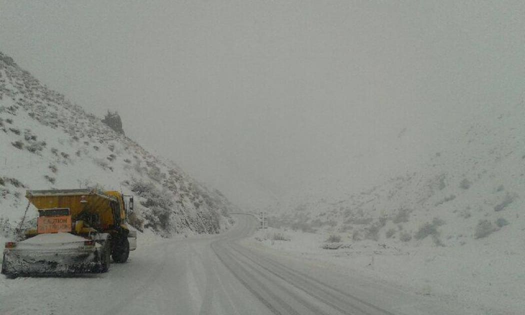 Snow gathers on the Crown Range road between Queenstown and Wanaka.