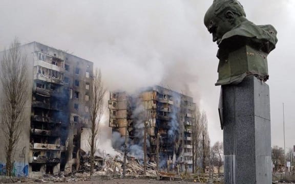 A view shows damaged buildings following recent shelling, as Russia's invasion of Ukraine continues, in the settlement of Borodyanka in the Kyiv region, Ukraine March 2, 2022. (Ukrainian State Emergency Service/EYEPRESS) (Photo by EyePress News / EyePress via AFP)