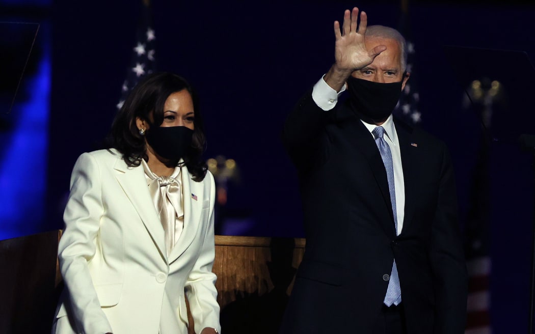 WILMINGTON, DELAWARE - NOVEMBER 07: President-elect Joe Biden and Vice President-elect Kamala Harris take the stage at the Chase Center to address the nation November 07, 2020 in Wilmington, Delaware.
