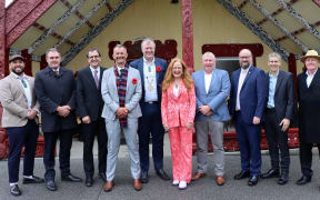 Councillors Hautapu Baker, Kevin Schuler, Rick Curach, Hēmi Rolleston, mayor Mahé Drysdale, deputy mayor Jen Scoular, Marten Rozeboom, Steve Morris, Glen Crowther and Rod Taylor at the powhiri and swearing in of Tauranga City Council Te Awanui Maori ward councillor.