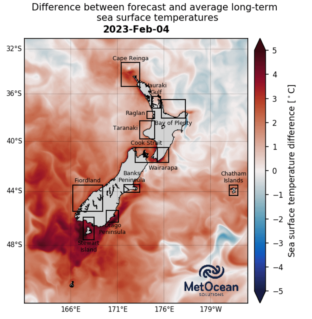 Map showing expected warming off Stewart Island and Otago Saturday 4 February. Image shows difference between forecasted sea surface temperatures and the long-term average for this time of year. Red shading indicates that the ocean is currently warmer than normal, blue that it is colder.