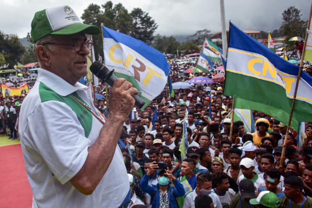 Presidential candidate and former president Jose Ramos Horta campaigns in Ermera, East Timor on March 11, 2022.