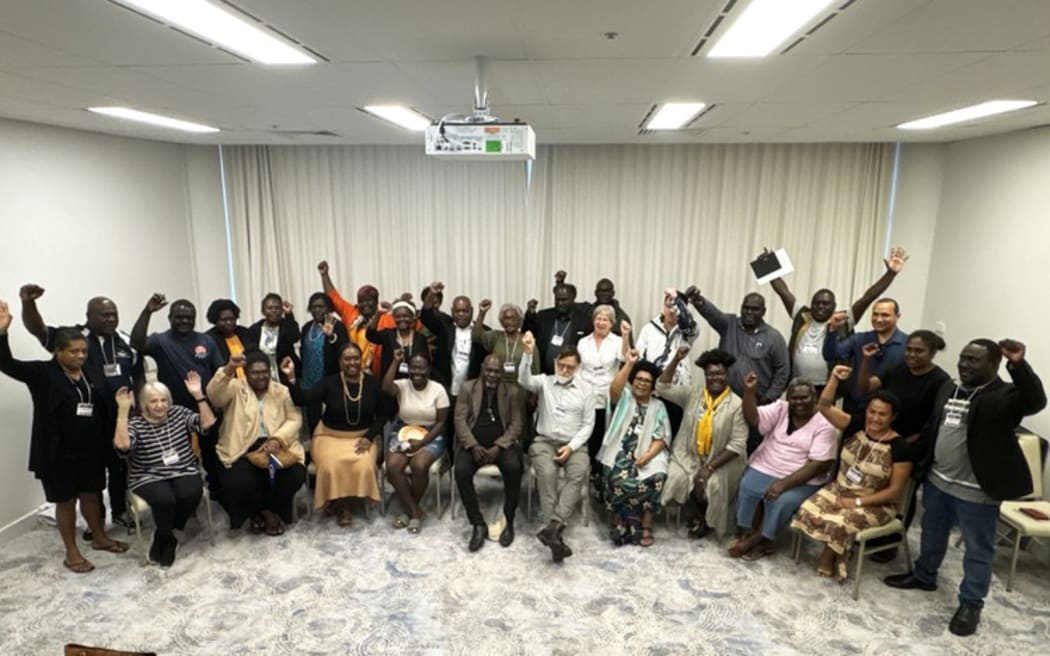 Bougainville diaspora community, commissioners and ABG officials celebrate at the end of two days of draft constitution consultations, pictured on Sept. 1, 2024.