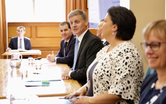 National Party leader Bill English (centre) and Paula Bennett (2nd right).