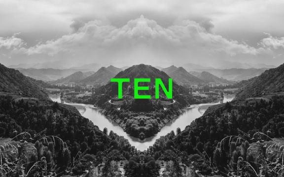 Podcast episode image for the 'Mr Lyttle Meets Mr Big' podcast. A moody black and white landscape photograph of the Whanganui river is mirrored vertically creating a Rorschach like effect with the episode number 'TEN' overlaid in vibrant green.