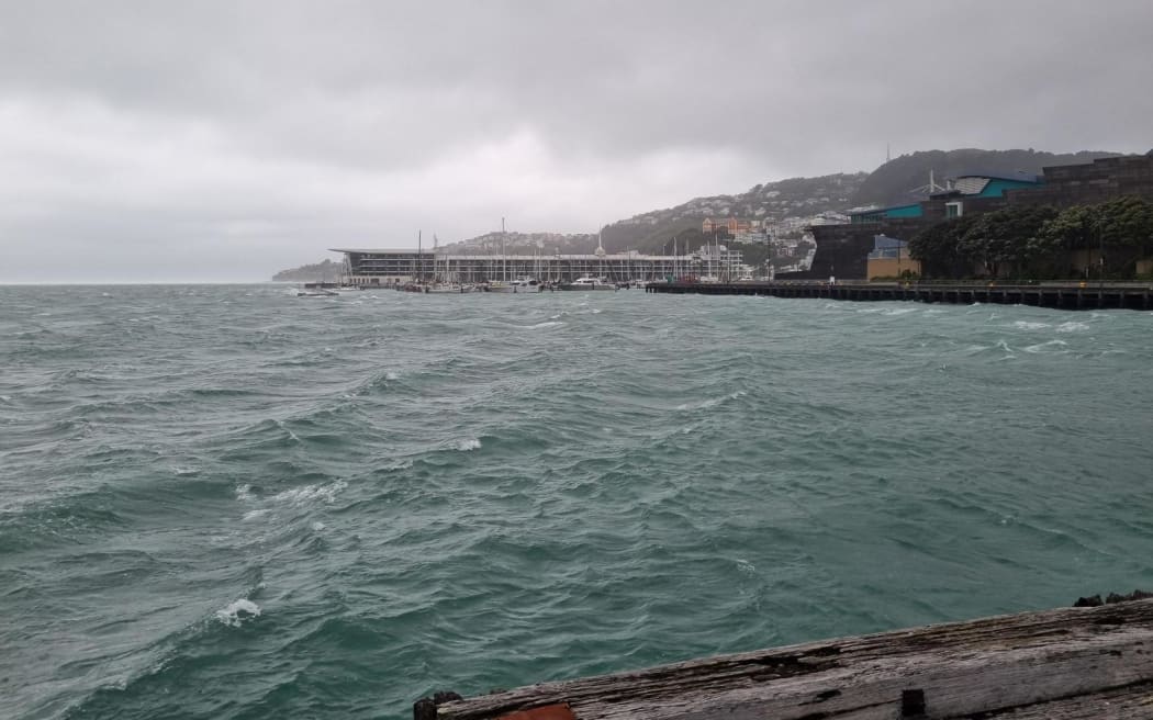 Wellington Harbour as rain and strong winds buffeted the city on Tuesday 21 October 2025.