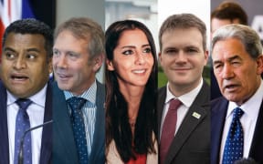 Immigration spokespeople in the 2020 election campaign (from left): Labour's Kris Faafoi; the National party's Stuart Smith;  Golriz Ghahraman of the Greens; ACT's James McDowall and NZ First leader Winston Peters.