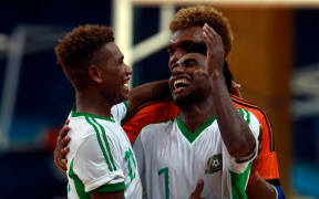 Solomon Islands players celebrate another goal against New Caledonia.