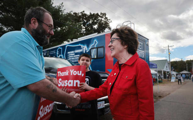 FRYEBURG, MAINE - OCTOBER 09:U.S. Sen. Susan Collins (R-ME) campaigns at the Fryeburg Fair, one of Maine’s oldest and biggest fairs, on October 09, 2026 in Fryeburg, Maine. Collins, a Republican, is in a tight race with Democrat Troy Jackson. Spencer Platt/Getty Images/AFP (Photo by SPENCER PLATT / GETTY IMAGES NORTH AMERICA / Getty Images via AFP)