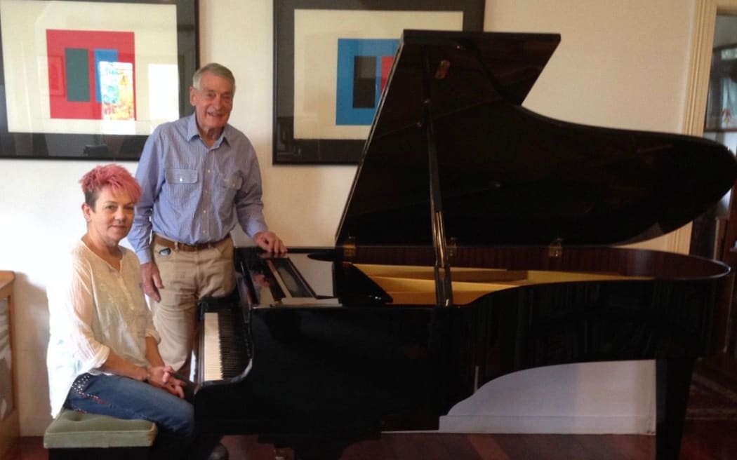 Martinborough Music Festival's Vicki Jones & Ian Creswell with the Schimmel piano