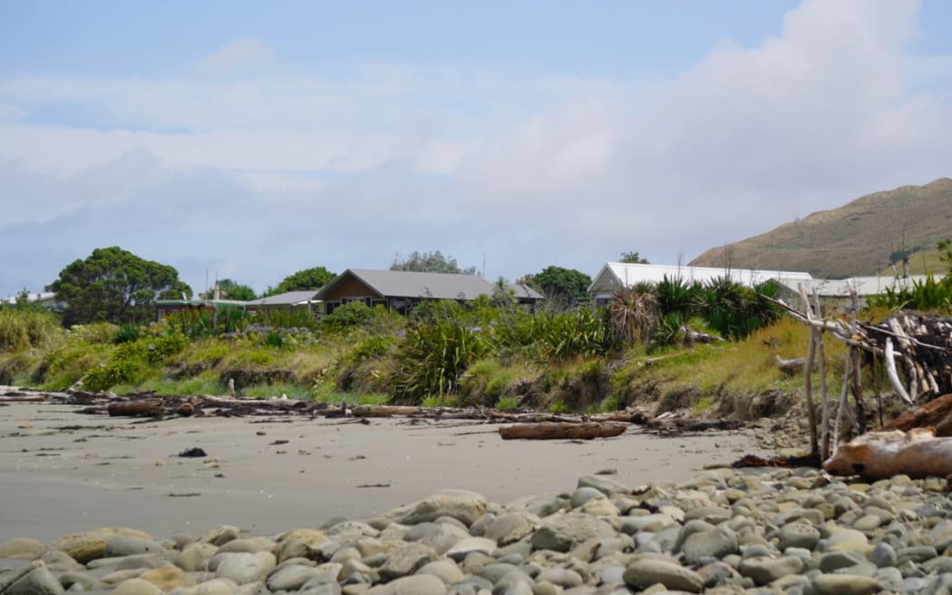 At Mahanga Beach, the dunes separate the beach from the road, with houses on the opposite side.