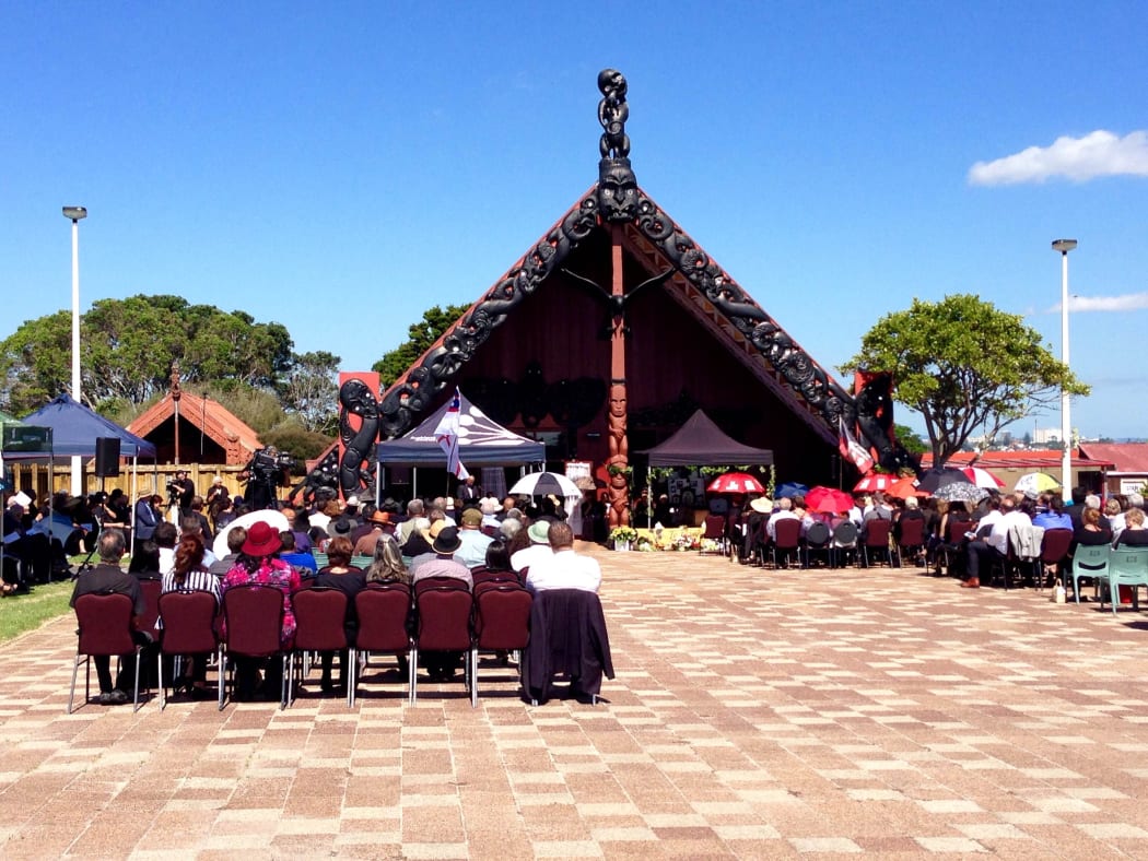 Mourners listen during a funeral service for Dr Ranginui Walker at Auckland's Orakei Marae.