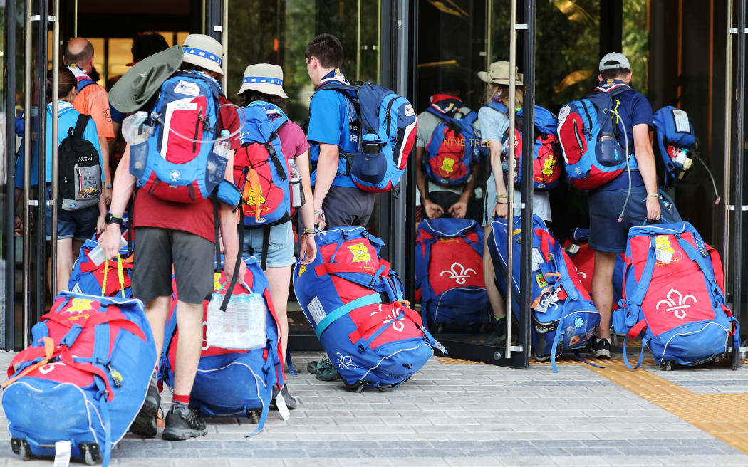 British scouts arrive at a hotel in Seoul on 5 August 2023, after leaving the World Scout Jamboree in Buan, North Jeolla province.