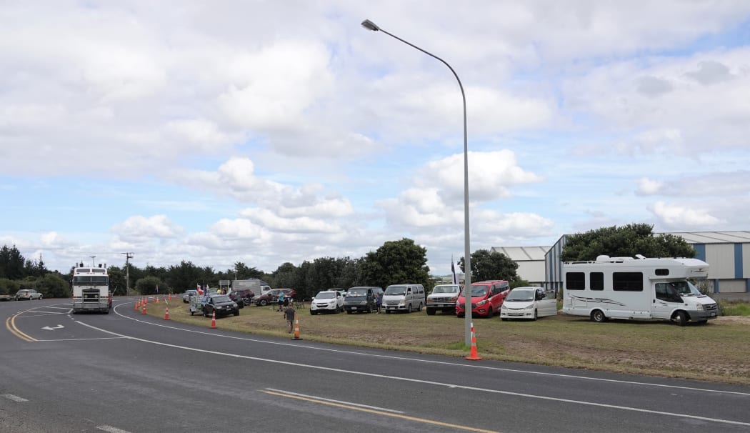 Vehicles gathered outside the former Marsden Point refinery to protest.