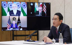 Japanese Prime Minister Fumio Kishida attending the Quadrilateral Security Dialogue (Quad) online meeting in Tokyo, with Narendra Modi, Joe Biden and  Scott Morrison on 3 March 2022.