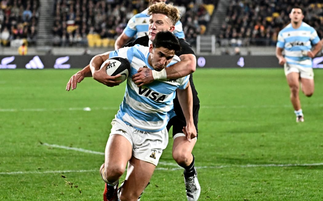 Matias Moroni of Argentina dives over to score a try during the Rugby Championship - New Zealand All Blacks v Argentina at Sky Stadium, Wellington.