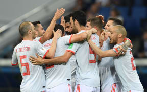 Spanish players celebrate a Diego Costa goal.