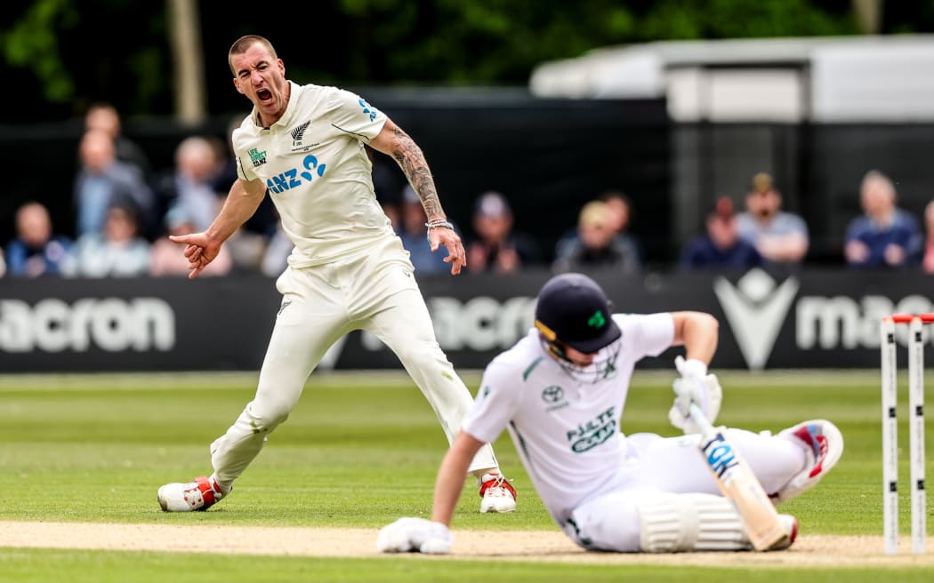 Black Caps pace bowler Blair Tickner celebrates after bowling out Harry Tector in the New Zealand cricket test against Ireland, at Civil Service Cricket Club, Stormont, Belfast, Ireland on Friday, May 29, 2026. (Photo: Nick Elliott / Photosport)