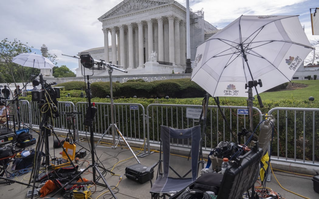 Broadcast media equipment set up outside the Supreme Court on 27 June, 2024, in Washington.
