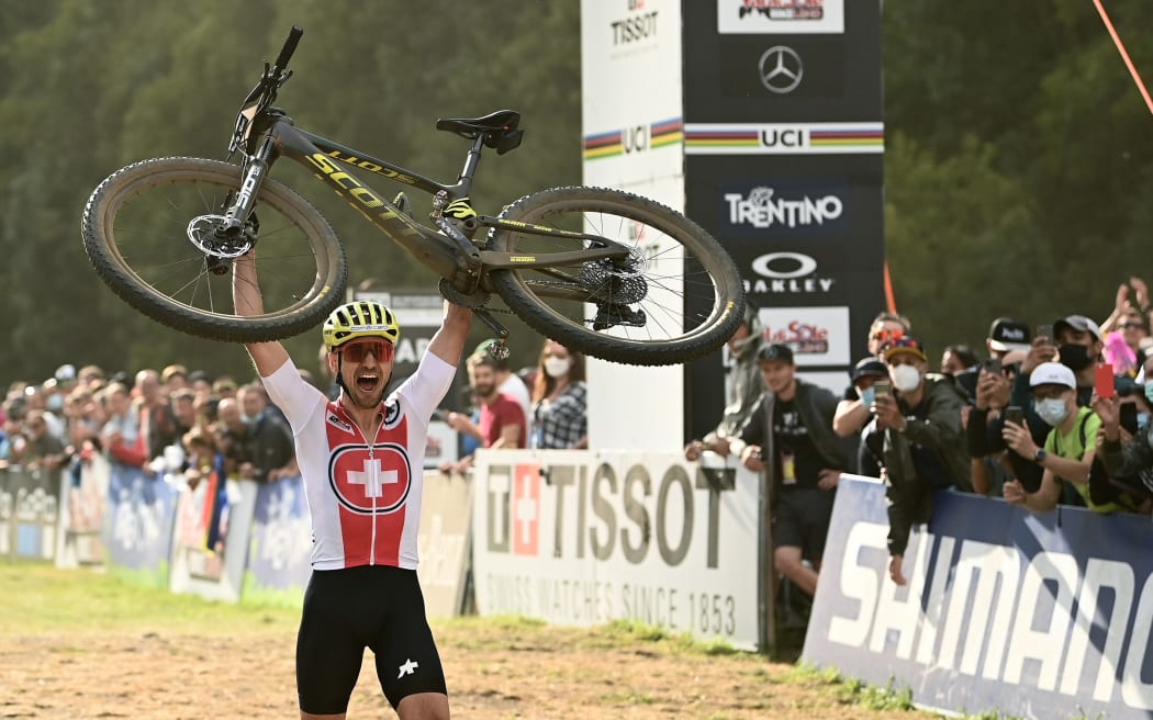 28/08/2021 Cycling - UCI 2021 Mountain Bike World Championships, Val di Sole, Trentino, Italy - Men Elite Cross-country Olympic World Championships.
-  Switzerland's Nino SCHURTER wins