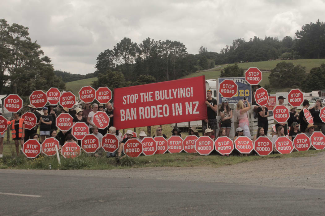 A rodeo protest in Northland by the group Direct Animal Action.