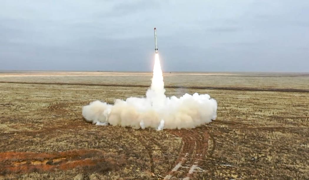 This handout video grab released by the Russian Defence Ministry on February 19, 2022, shows a Russian Iskander-K missile launching during a training launch as part of the Grom-2022 Strategic Deterrence Force exercise at an undefined location in Russia.