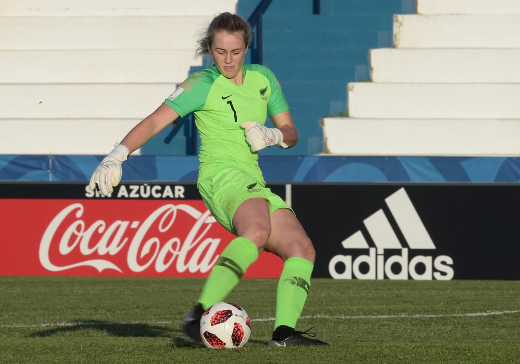 New Zealand's goalkeeper Anna Leat takes a penalty to score and defeat Japan in the shoot-out during their FIFA U-17 Women's World Cup Uruguay 2018 quarter-final football match.
