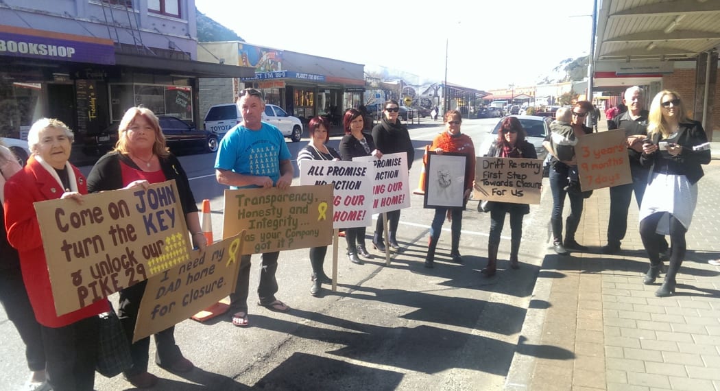 Relatives of Pike River victims protest in Greymouth.