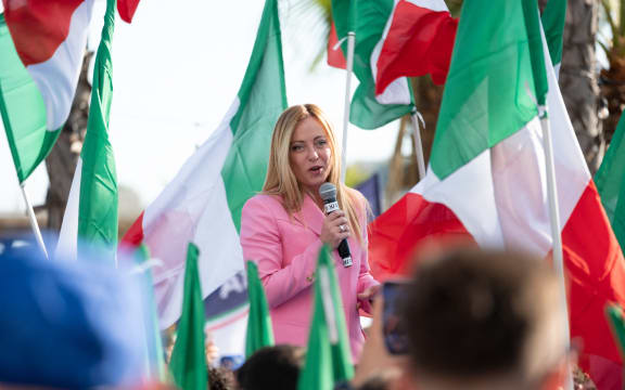 Leader of Italian far-right party Fratelli d'Italia (Brothers of Italy) Giorgia Meloni holds a speech in Bagnoli, quarter of Naples, Southern Italy, on 23 September, 2022.