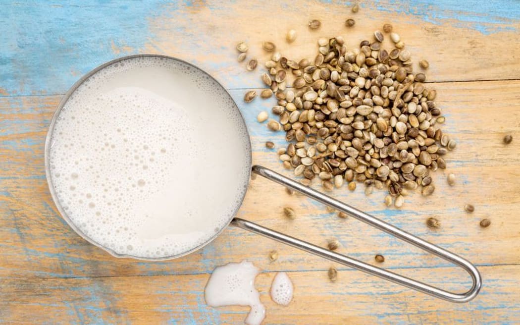hemp milk in measuring cup with seeds