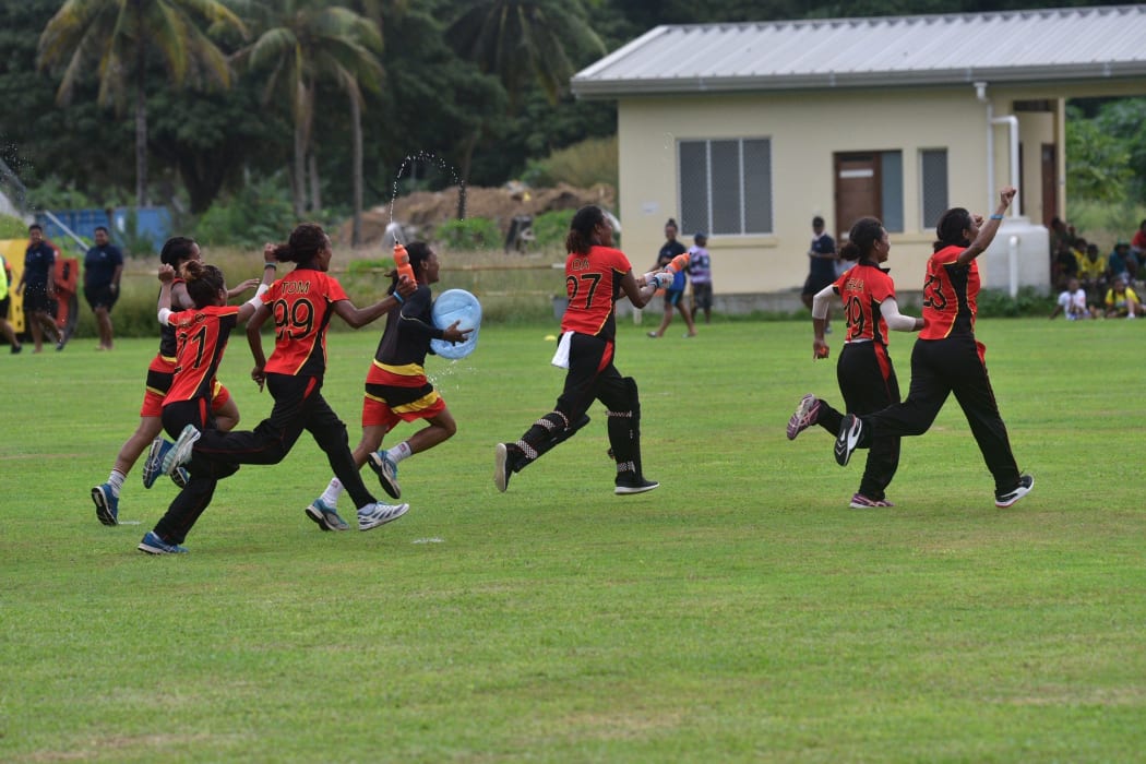 PNG celebrate after winning the ICC Women's Qualifier for East Asia and the Pacific 2019.