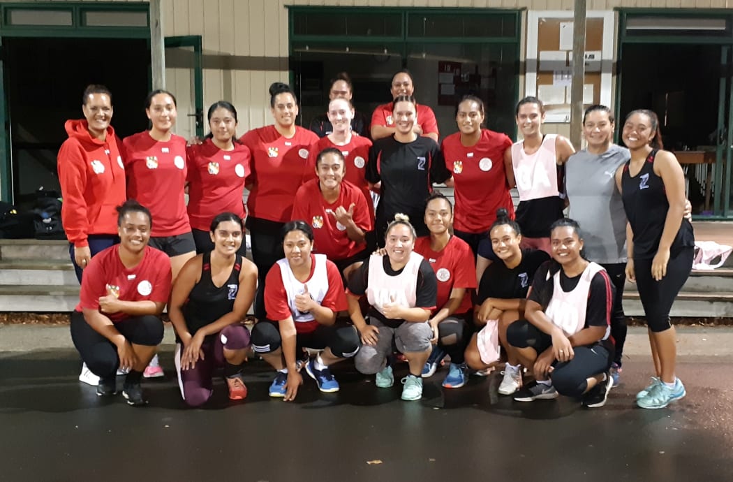 Tonga netball coach Jaqua Heddle (Top Left) and the squad for the 2019 Pacific Nations Cup.