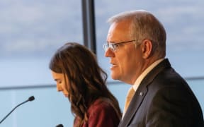 QUEENSTOWN, NEW ZEALAND - MAY 31: New Zealand Prime Minister Jacinda Ardern and Australian Prime Minister Scott Morrison during the Australia-New Zealand Leaders Meeting on May 31, 2021 in Queenstown, New Zealand.