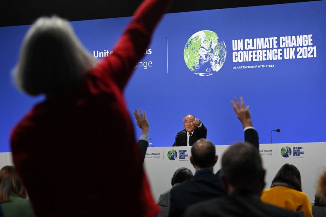 China's special climate envoy, Xie Zhenhua speaks during a joint China and US statement on a declaration enhancing climate action in the 2020s during the COP26 climate change conference in Glasgow.