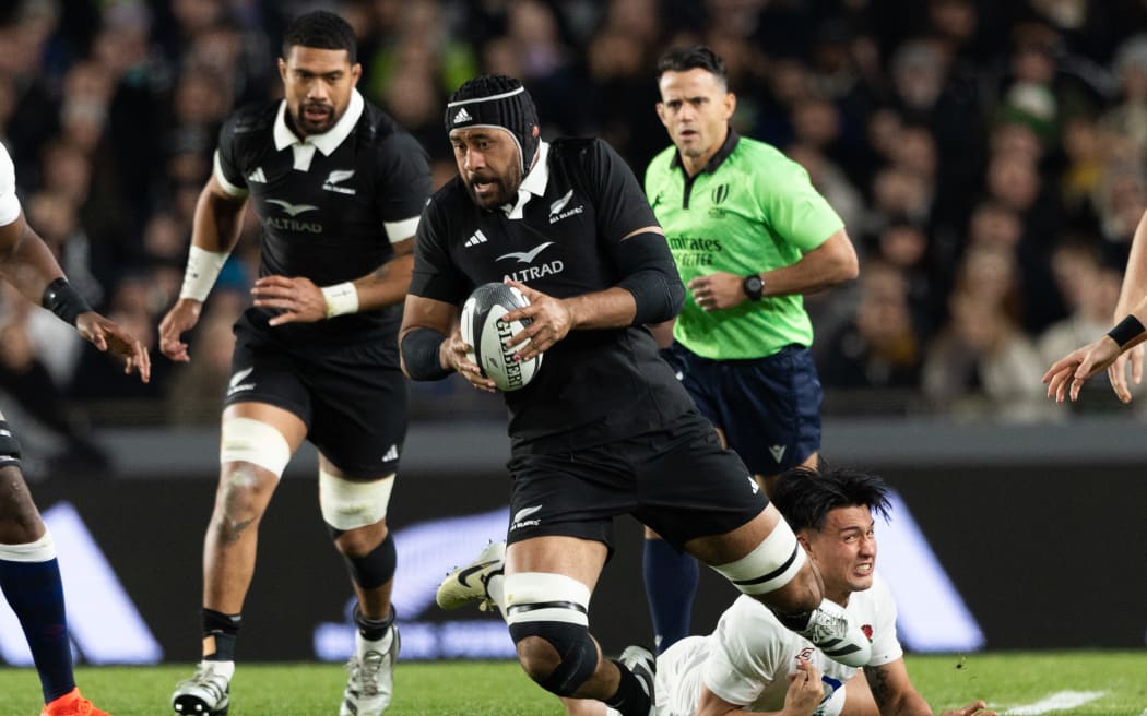 All Blacks lock Patrick Tuipulotu on the charge against England at Eden Park on Saturday.