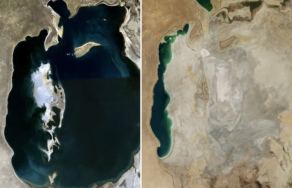 A comparison of the Aral Sea in 1989 (left) and 2014 (right).