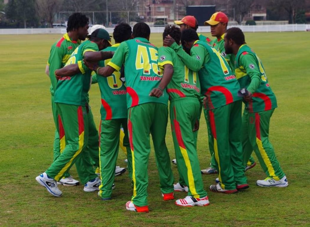 Vanuatu players come together during a warm-up match in Sydney.