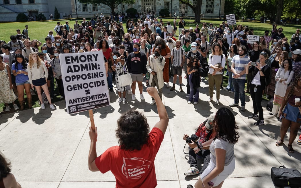 Pro-Palestinian students demonstrate on the campus of Emory University on April 25, 2024, in Atlanta, Georgia.