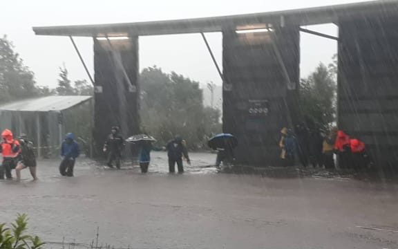 Floodwaters at the Milford Visitors Terminal on Monday.