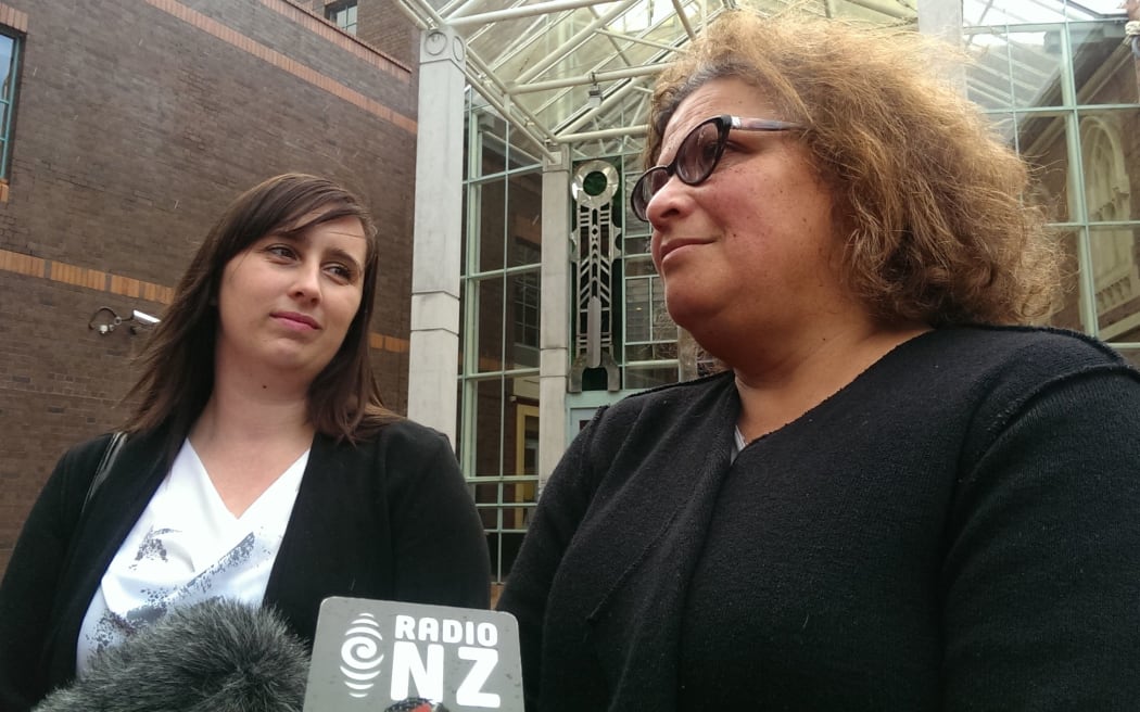 Alicia McCallion's mother Millie McCallion (right) and sister-in-law Korrinna McCallion outside the High Court in Auckland.