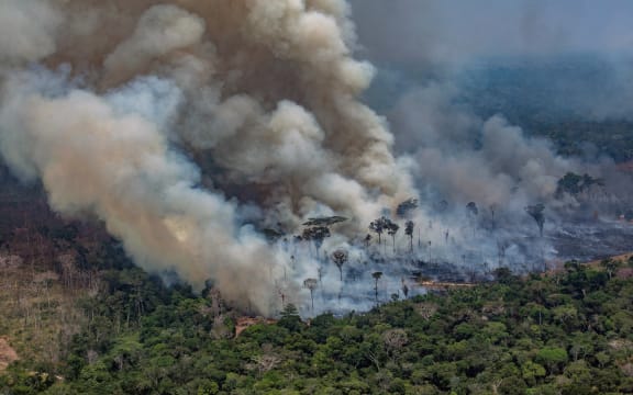 Smoke billowing from forest fires in Candeias do Jamari, close to Porto Velho in Rondonia State, in the Amazon basin in northwestern Brazil, on 24 August, 2019.