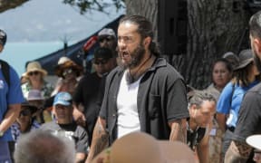 Activist Eru Kapa-Kingi at Waitangi who spoke before Prime Minister Christopher Luxon.