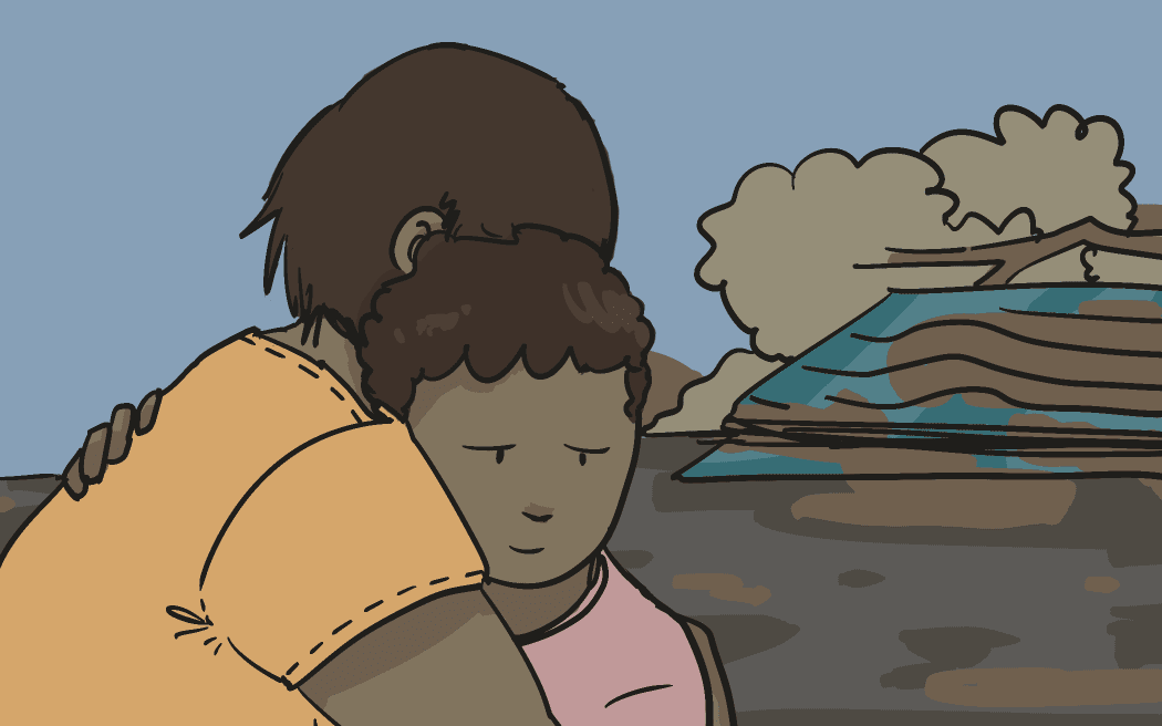 Illustration of two family members sharing a hug after the impact of flooding on their home.