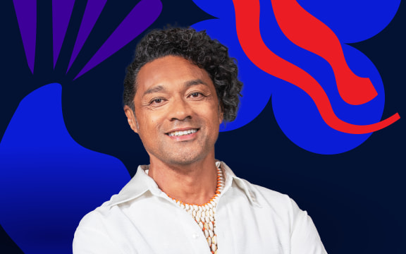 Host Siliga Sani Muliaumaseali'i stands in front of background of abstract shapes