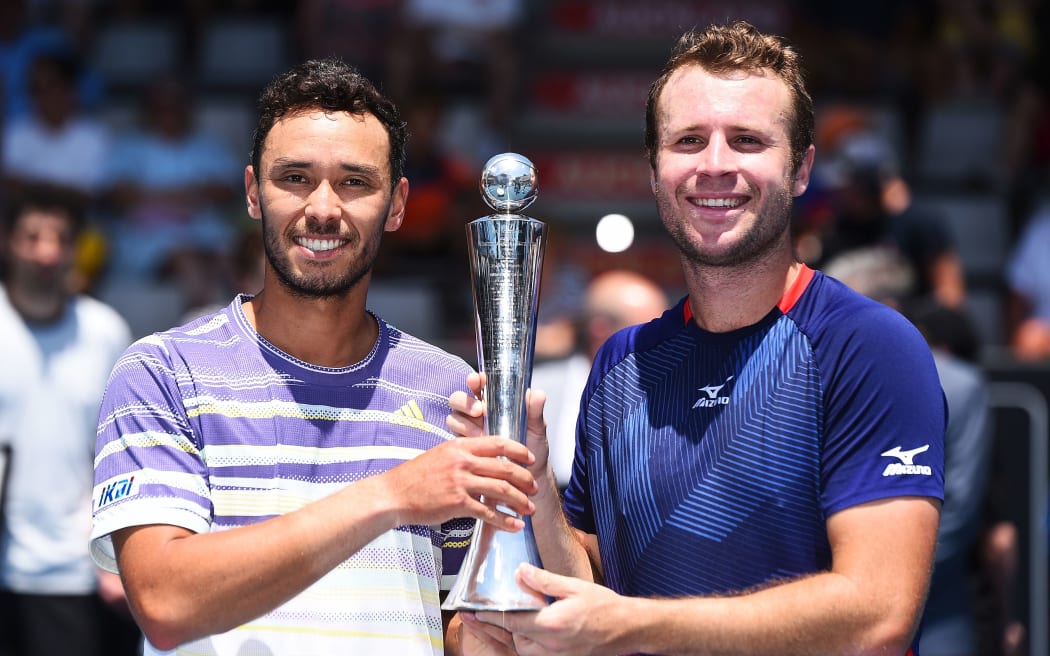 Ben Mclachlan from Japan and Luke Bambridge from England after winning their doubles finals match against Marcus Daniell from New Zealand and Philipp Oswald from Austria at the 2020 ASB Classic Mens.