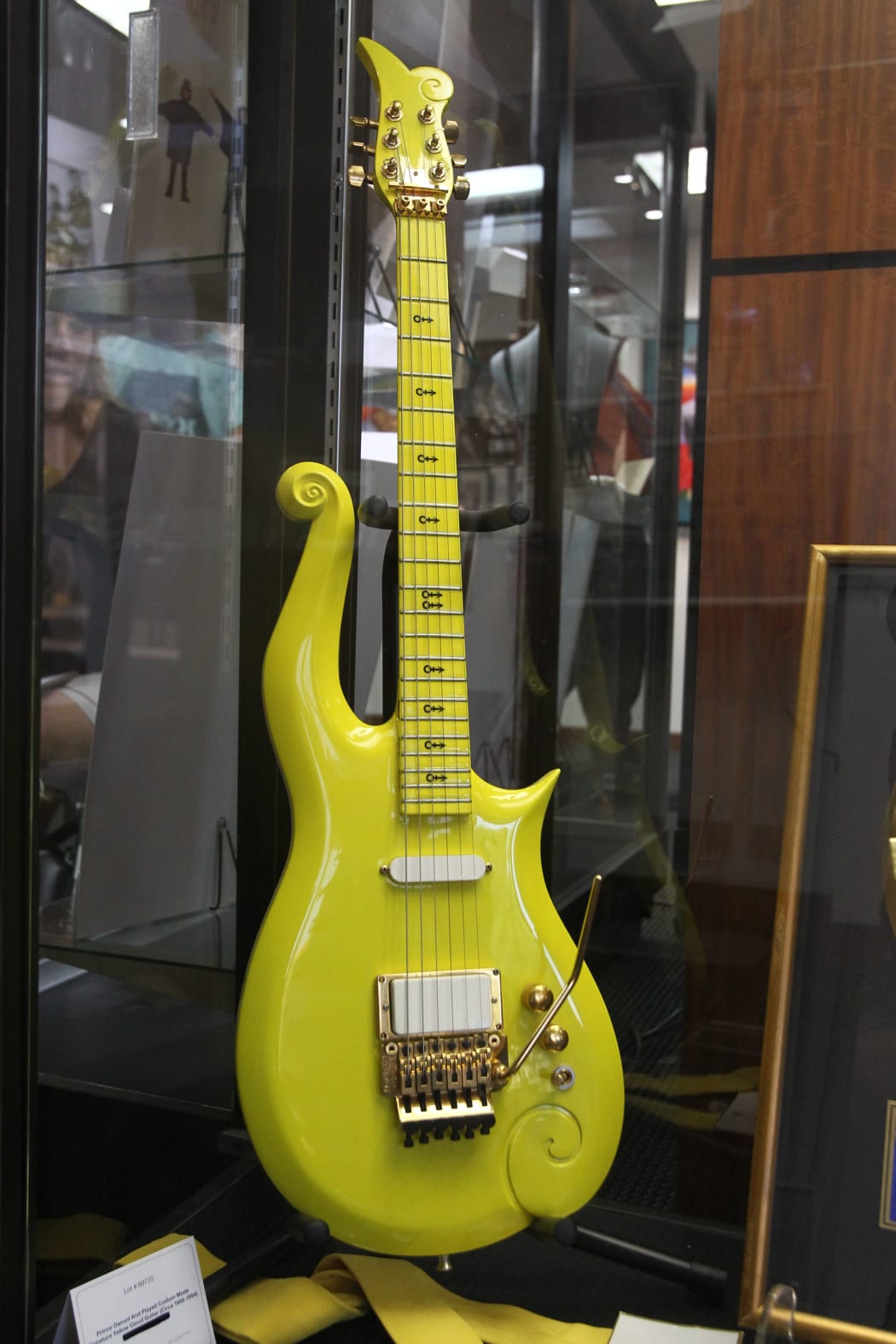 A Prince owned and played custom made signature yellow cloud guitar (Circa 1988-1994) is displayed during a media preview June 22, 2016 at Heritage Auctions in Beverly Hills, California. The guitar is one of the items offered in a live auction June 24-25.